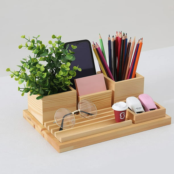 Wood Desk Organizer,Pencil Organizer Adjustable 3 Compartments,Small Wooden Box Pen Holder for Desk Office Accessories Storage 